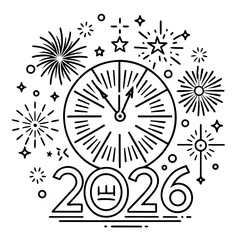 Firework Explosion Over Clock Line Art 2026