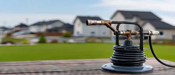 Obraz premium Black garden hose reel on wooden table showcasing a blurred house and lush green lawn, perfect for summertime product display or banner design idea