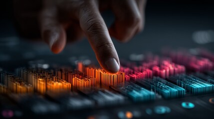 Fingertip interacts with glowing digital data visualization, representing analysis and insight in a futuristic tech environment