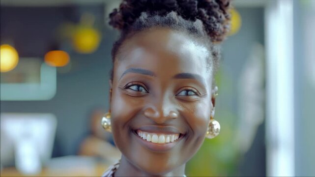 A joyous woman with dark hair is laughing and looking at the camera. She has a radiant smile and her eyes are shining.
