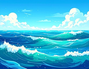 Animated ocean scene with foamy waves, bright sky, fluffy clouds, and seabirds against a blue gradient