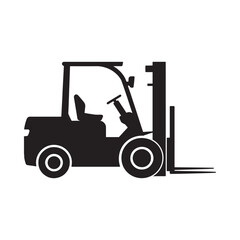 A simple black silhouette of a forklift truck on a white background