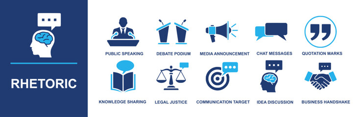 Rhetoric icon set. Containing public speaking, debate podium, media announcement, chat messages, quotation marks, knowledge sharing, legal justice, communication target, idea discussion, business hand