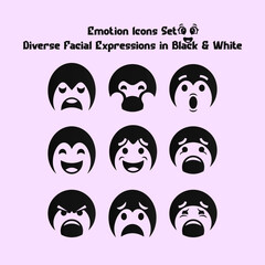 Emotion Icons Set. Diverse Facial Expressions in Black & White
