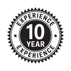 Black and white badge displaying ten years of experience with star accents