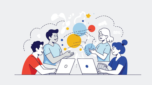 Four people sitting at table with laptops having discussion with colorful thought bubbles around them representing ideas and collaboration