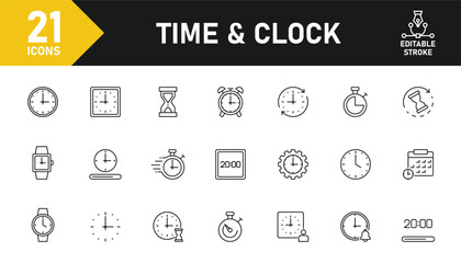 Time and clock line icon set. Set of 21 outline icons related to time, clock, stopwatch, hourglass, timer, stopwatch, alarm and others. Editable stroke. Vector illustration.