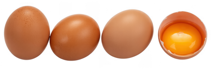 Brown eggs with one cracked open and yolk visible isolated on a transparent background