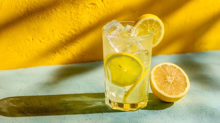 Refreshing Citrus Drink with Ice and Lemon Slices on a Colorful Background.