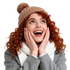 [Transparent Background PNG]Joyful Woman in Winter Attire with Curly Red Hair