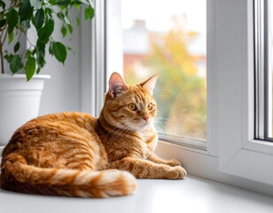 An orange tabby cat relaxes by a window, gazing outside with a plant in a white pot beside it