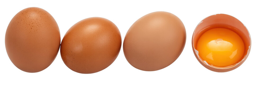 Brown eggs with one cracked open and yolk visible isolated on a transparent background