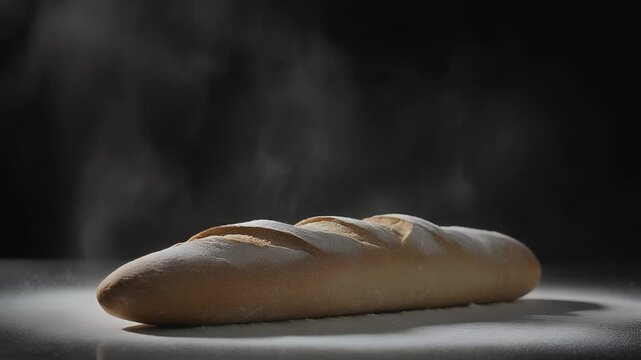 Freshly baked bread with a light dusting of flour, captured in a dimly lit studio with a subtle smoky effect