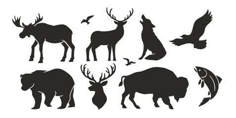Wildlife silhouette vector set with moose, deer, wolf, bear, bison, eagle, and fish. Perfect for outdoor, hunting, nature, and adventure-themed designs or t-shirt graphics.