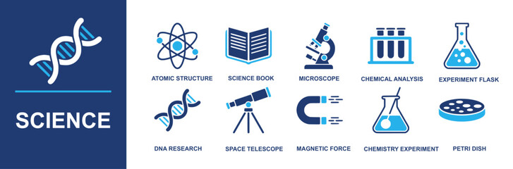 Science icon set. Containing atomic structure, science book, microscope, chemical analysis, experiment flask, DNA research, space telescope, magnetic force, chemistry experiment, petri dish and more. 
