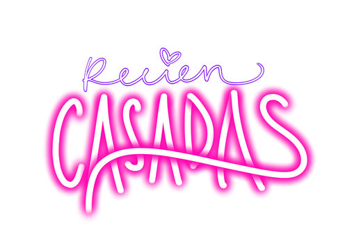 Lettering ne&oacute;n de Reci&eacute;n Casadas para boda l&eacute;sbica. Ilustraci&oacute;n caligr&aacute;fica con brillo rosa y coraz&oacute;n para matrimonio LGTBI, celebraci&oacute;n de amor entre mujeres y diversidad de g&eacute;nero.