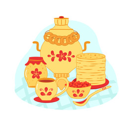 Maslenitsa icons, traditional holiday marking the end of winter. Vector doodle illustration of pancakes, samovar, red caviar. Tea party ceremony.