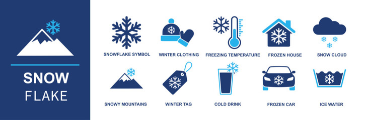 Snow flake icon set. Containing snowflake symbol, winter clothing, freezing temperature, frozen house, snow cloud, snowy mountains, winter tag, cold drink, frozen car, ice water and more. Solid vector