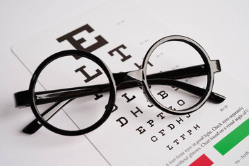 Glasses on eye exam chart to test eyesight accuracy of reading.