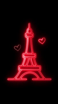 Red neon outline of the iconic Eiffel Tower, illuminated against a dark background, with two glowing hearts, representing love, romance, and travel. A classic city landmark design