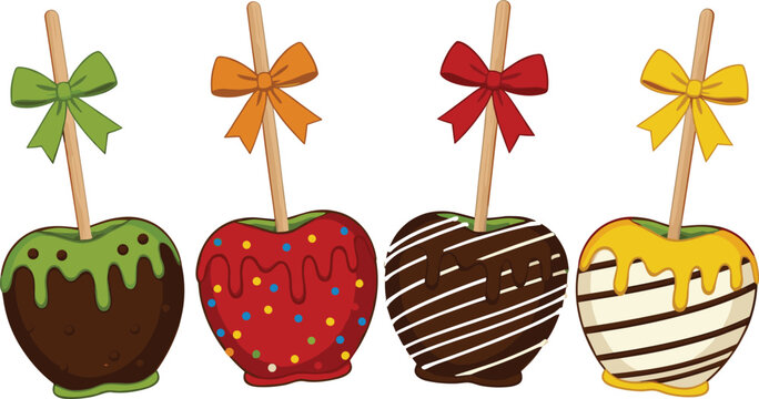 Four gourmet candy apples with chocolate caramel and sprinkles decorated with colorful bows on wooden sticks isolated on white background flat vector illustration for autumn treats