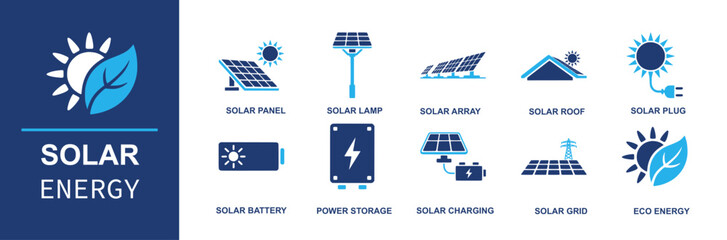 Solar energy icon set. Containing solar panel, solar lamp, solar array, solar roof, solar plug, solar battery, power storage, solar charging, solar grid, eco energy and more. Solid vector icons