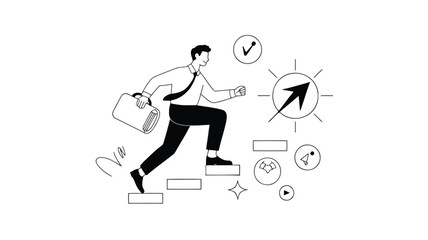 A minimalist illustration of a businessman stepping up with briefcase, symbolizing career advancement and success