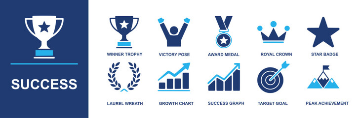 Success icon set. Containing winner trophy, victory pose, award medal, royal crown, star badge, laurel wreath, growth chart, success graph, target goal, peak achievement and more. Solid vector icons