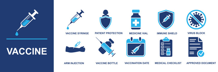 Vaccine icon set. Containing vaccine syringe, patient protection, medicine vial, immune shield, virus block, arm injection, vaccine bottle, vaccination date, medical checklist, approved document and m