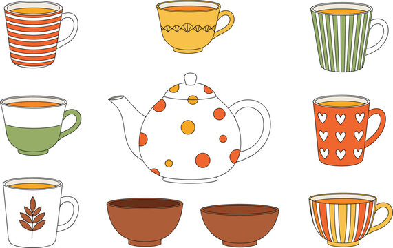 Flat tea set vector illustration featuring a white teapot with orange spots and various colorful decorative ceramic cups and mugs isolated on white background