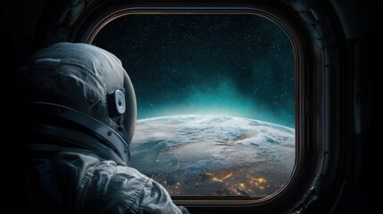 Astronaut looking out spaceship window at Earths surface and stars. Space exploration and journey concept for science and futuristic technology.