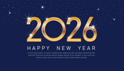 Happy new year 2026. golden numbers 2026 on blue background. new year and christmas. posters, banners, greeting cards. premium vector illustration