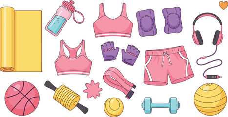 Pink fitness and gym equipment set with yoga mat sports bra shorts weights dumbbells water bottle and headphones isolated on white background flat vector illustration