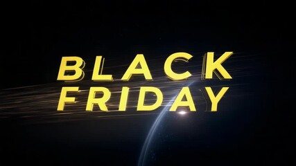 Bold golden Black Friday text with motion streaks on a dark outer space background, representing fast-paced sales event concept
