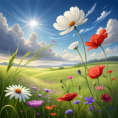 Vibrant wildflowers bloom in a sun-drenched meadow capturing the essence of summer nature and idyllic countryside landscapes