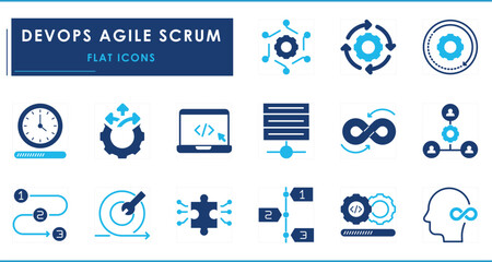 A set of flat icons related to Devops, agile, scrum. Plan, process, setup, development, users, action, time, direction, and so on.