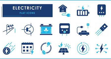 A set of flat icons related to Electricity. Component, bill, house, green energy, vehicle, street, and so on.