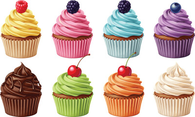 Set of colorful gourmet cupcakes with whipped cream frosting berries and cherries isolated on white background flat vector illustration for bakery menu and birthday designs