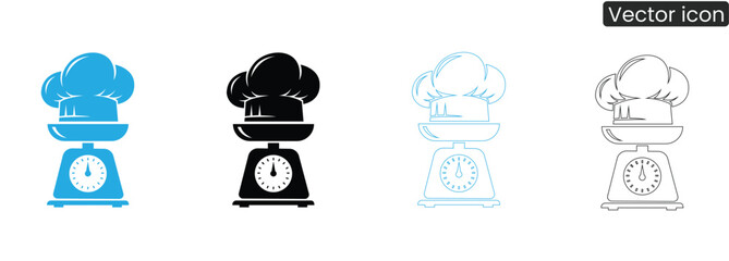 Set of vector icons featuring a chef's hat on kitchen scales in different colors and line styles, perfect for culinary and food-related designs