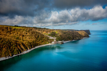 Aerial view of Clovelly village and harbour on the North Devon coast, England