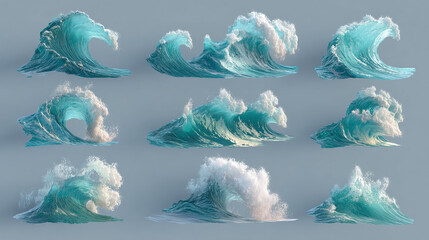 A mesmerizing display of water waves, showcasing their dynamic motion and intricate forms. The different angles reveal the beauty and power of the ocean