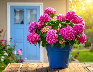 Potted pink hydrangeas bloom brightly on a weathered wooden table, blue door and sunny garden backdrop