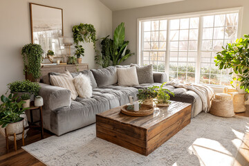Fototapeta premium Cozy modern living room interior with comfortable gray sectional sofa adorned with plush pillows and green plants bathed in natural sunlight from a large window