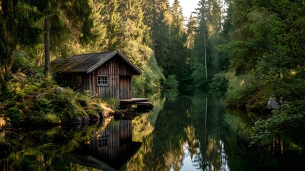 Rustic wooden cabin nestled beside a tranquil forest lake reflecting the lush green trees and sunlight.