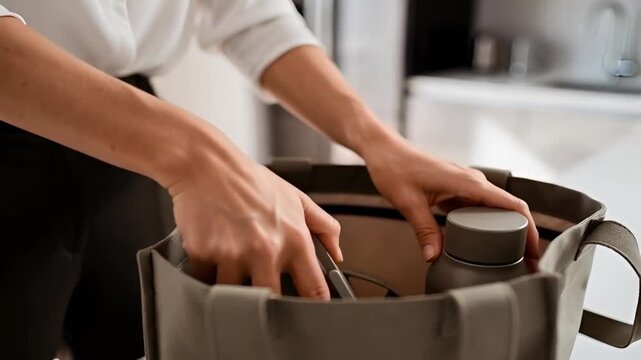 Close up of a business woman preparing healthy lunchbox and packing reusable food containers and a water bottle into a tote bag for work in a modern kitchen