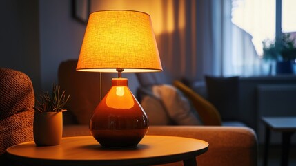 Warm light from a table lamp on a wooden nightstand in a cozy living room. Home decor and interior furnishing.