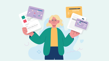 A cheerful businesswoman juggles multiple documents and charts with ease and confidence in a colorful flat vector