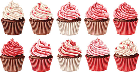 Set of gourmet chocolate cupcakes with pink and white swirl frosting decorated with small red hearts isolated on white background flat vector illustration for bakery menu