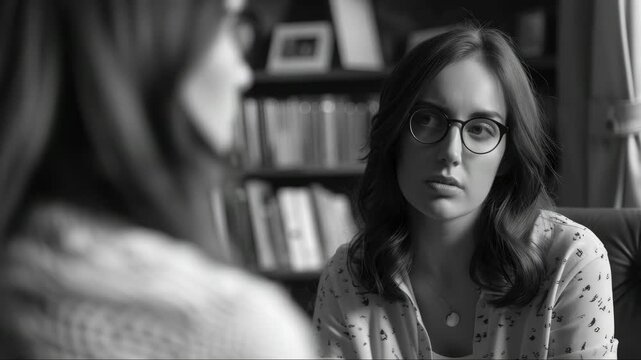 A woman with glasses is engaged in a conversation, leaning forward to hear the person speaking. She has brown hair and is wearing glasses.