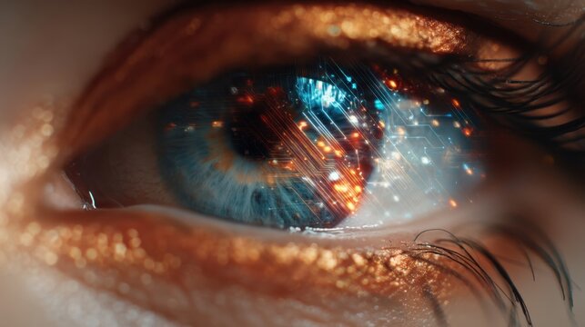 Close up of a human eye with digital circuit patterns and data flows. Concept for artificial intelligence, cybernetics, and future technology. - Powered by Adobe